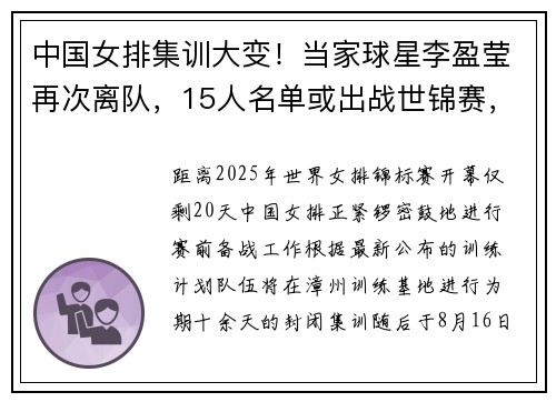 中国女排集训大变！当家球星李盈莹再次离队，15人名单或出战世锦赛，谁将被淘汰？